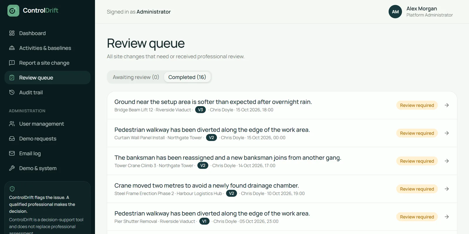 Review queue of site changes waiting for professional review