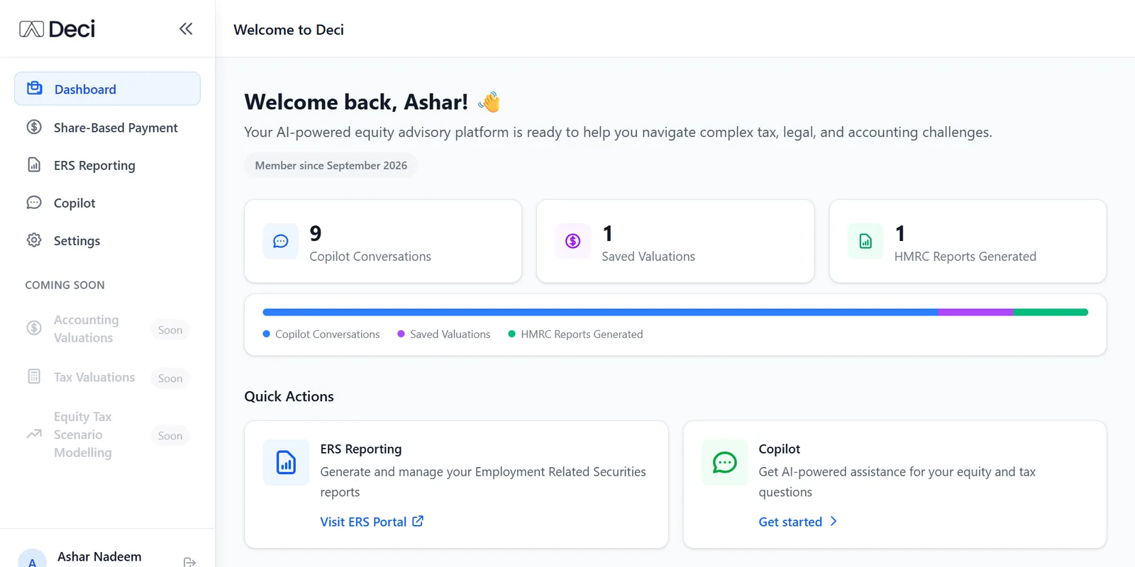 Deci dashboard with Co-Pilot conversations, saved valuations and HMRC reports