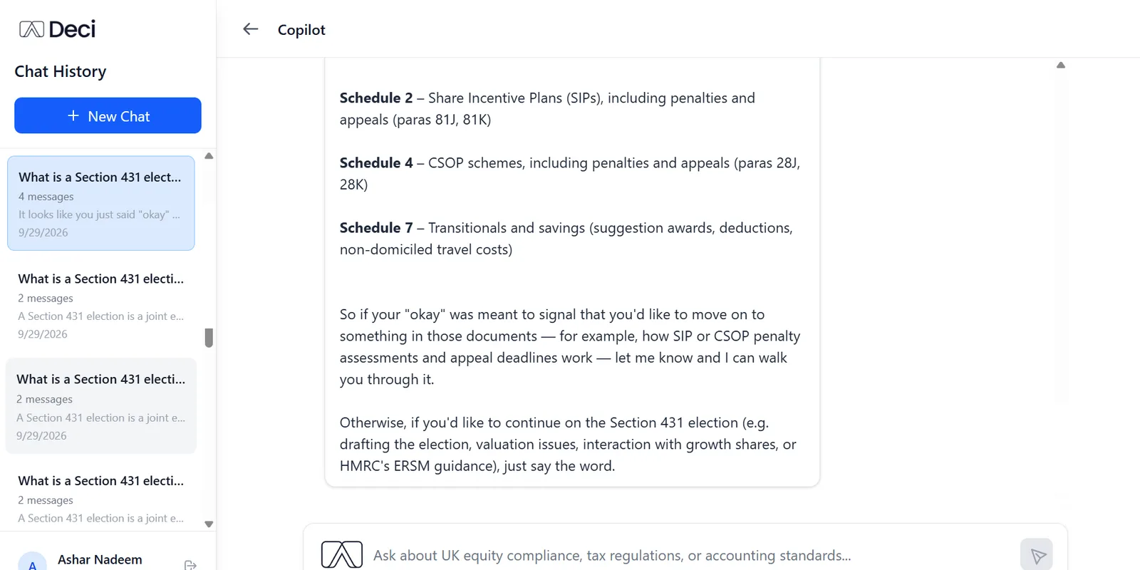 AI Co-Pilot answering a Section 431 election question, with chat history