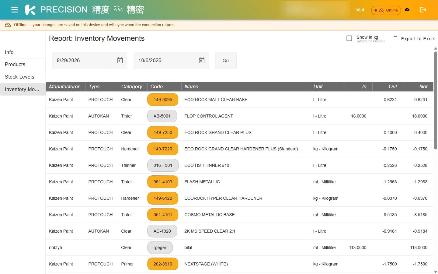 Inventory movements report for a date range