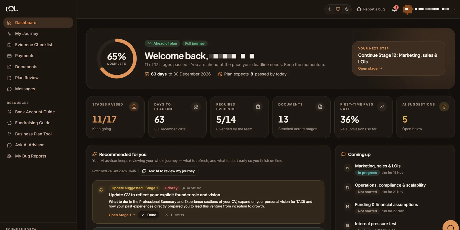 Founder dashboard: progress, deadline, next step and AI recommendations