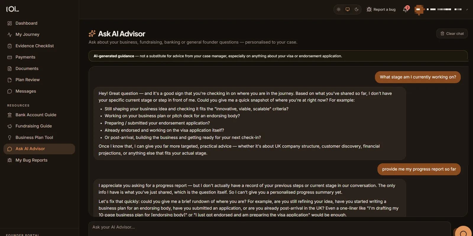 Ask AI Advisor answering founder questions with guidance, not advice