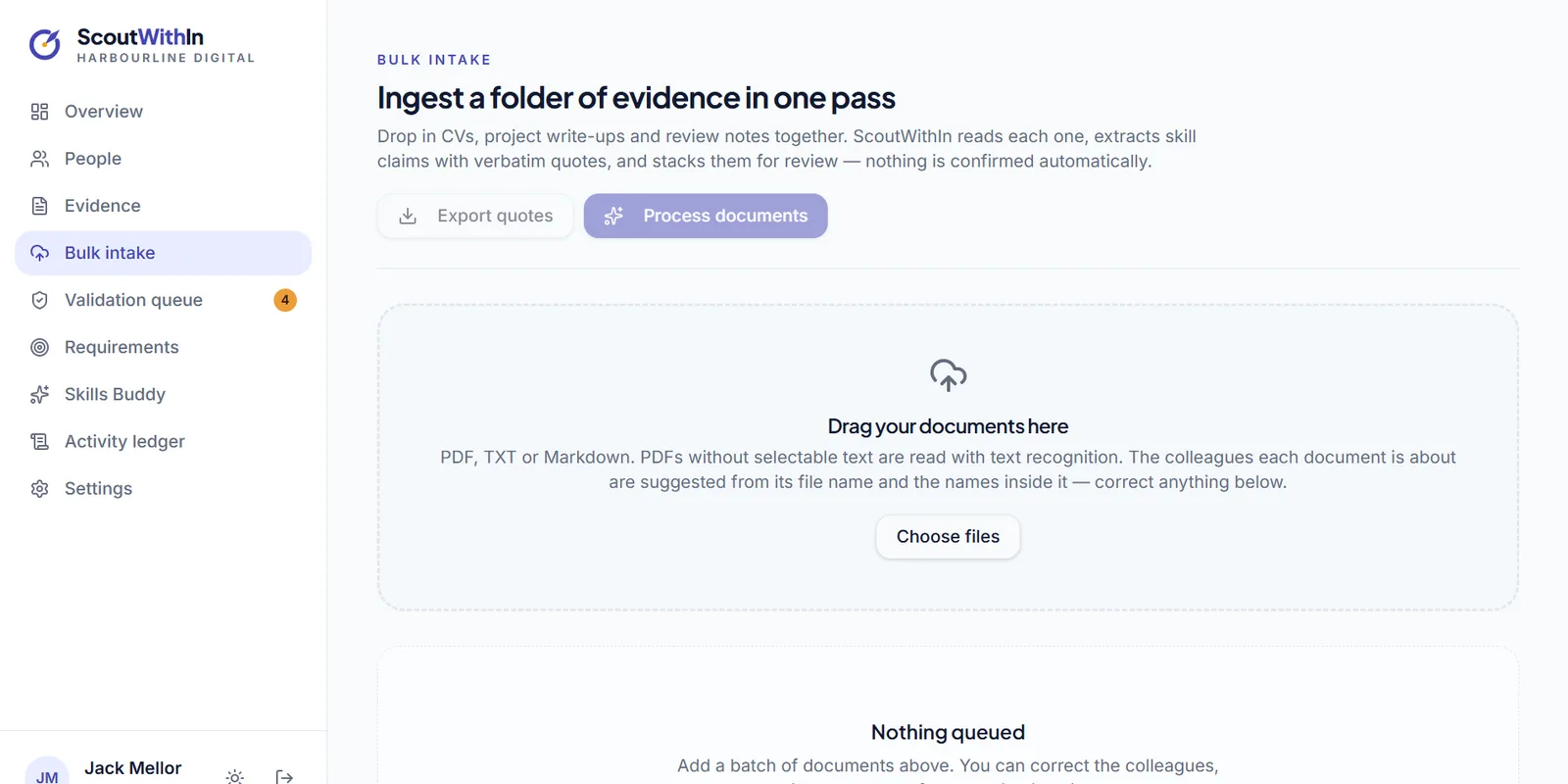 Bulk intake of CVs and project write-ups in one pass