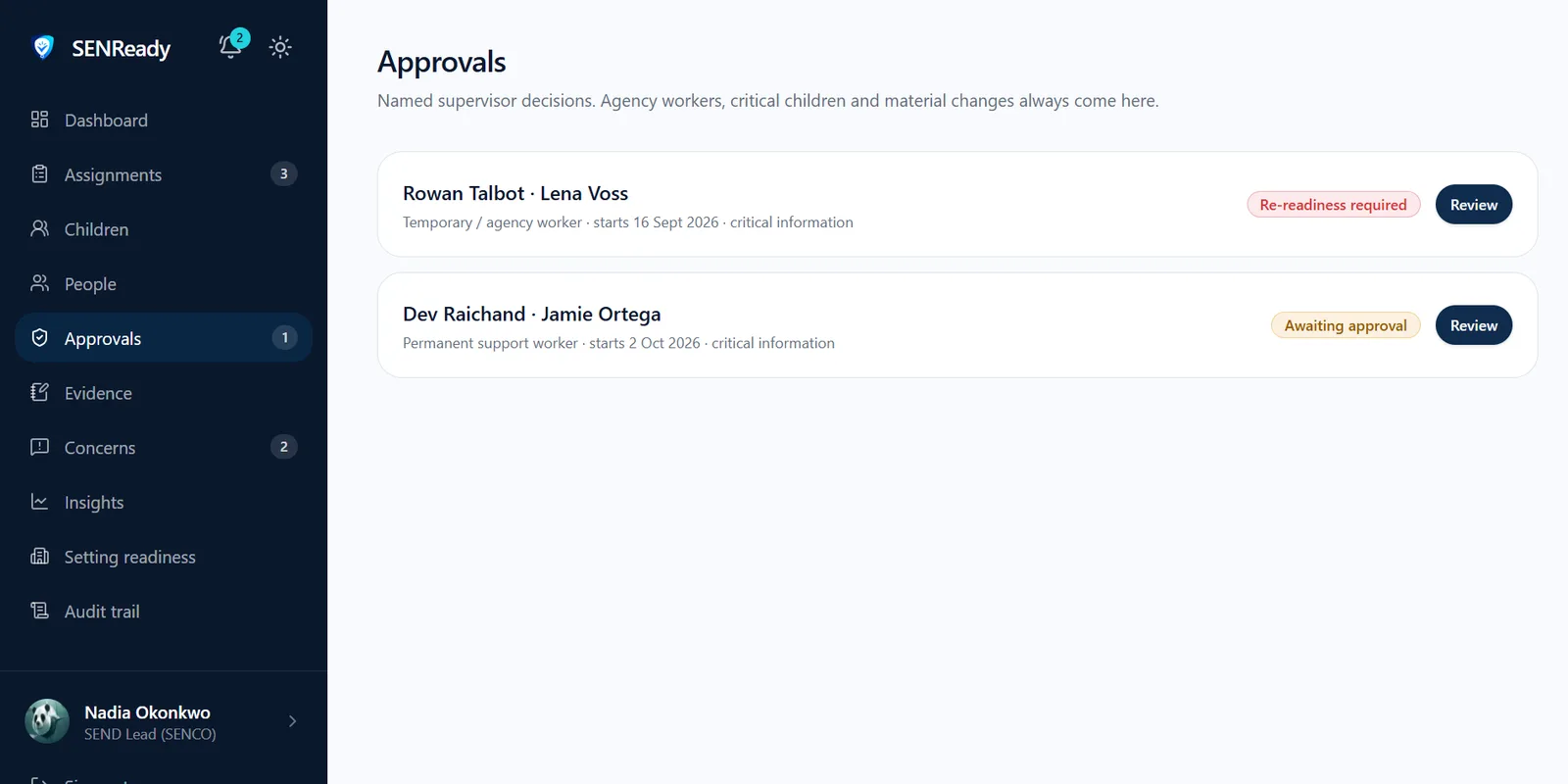 Supervisor approvals for agency workers and critical children