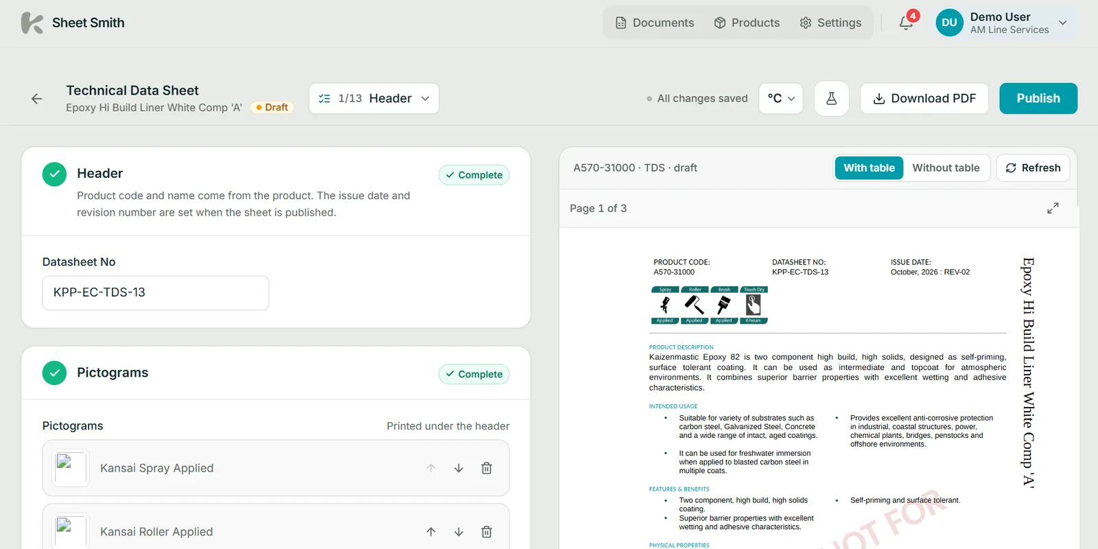Technical data sheet editor with section progress and a live PDF preview